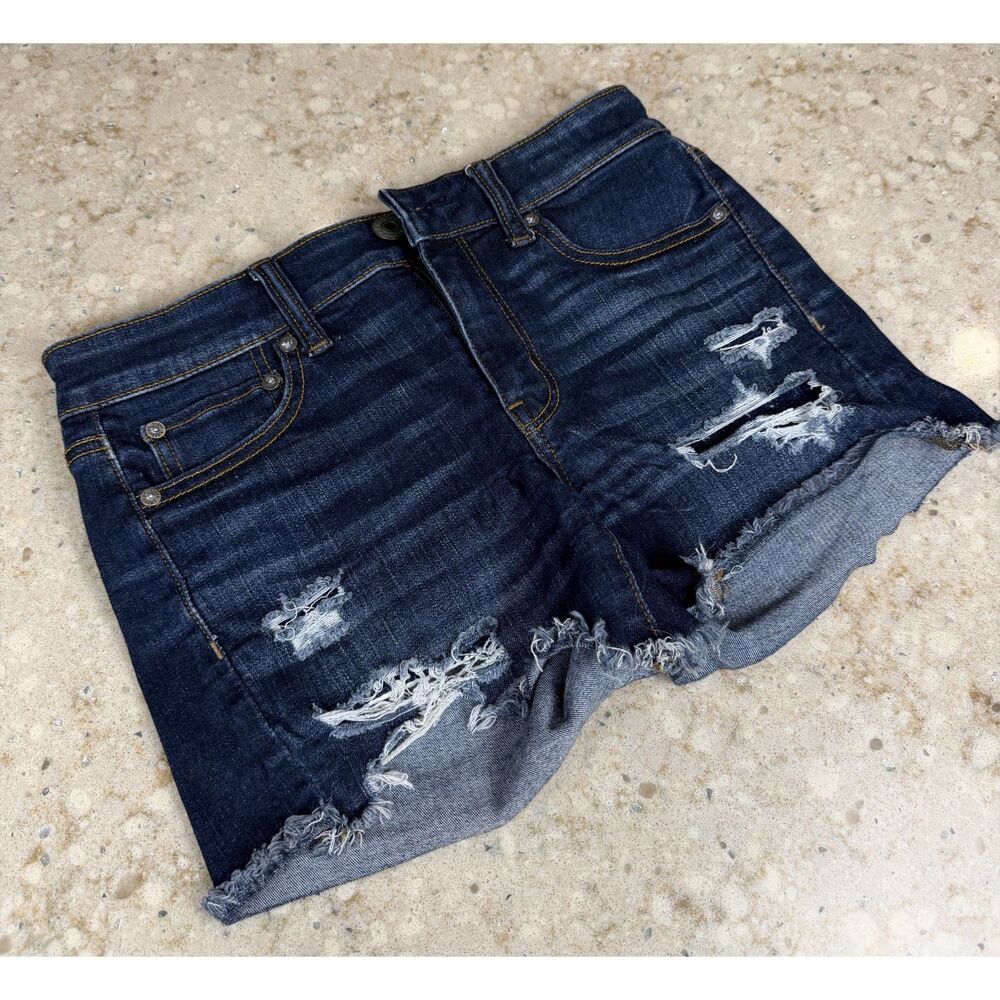 AE Festival Distressed Denim Shorts Raw Hem Y2K Cowgirl Size 4 Blue